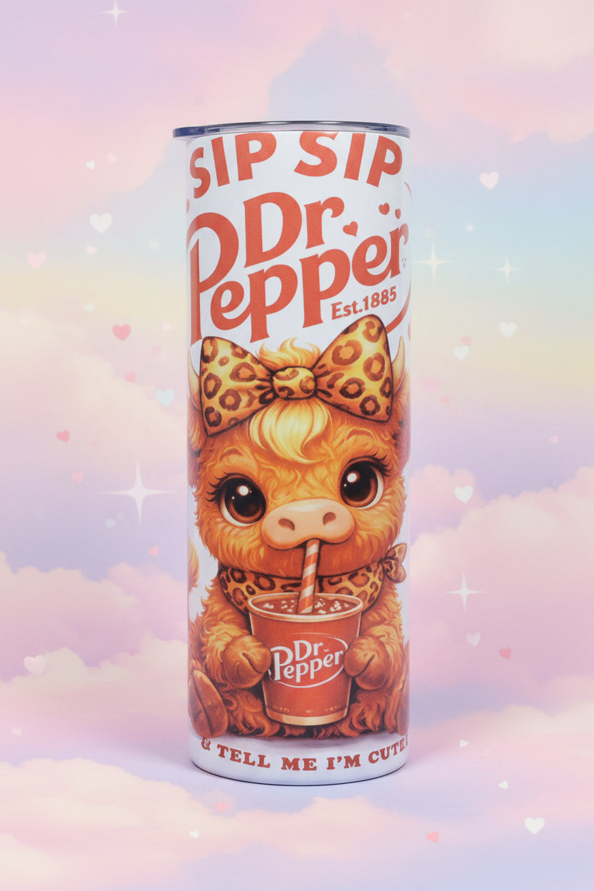 Sip Sip Dr. Pepper 20 oz skinny tumbler with baby Highland cow wearing a leopard-print bow and holding a Dr. Pepper drink
