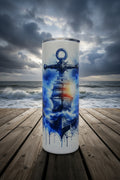 Anchor & High Seas 20 oz skinny tumbler with watercolor anchor, tall sailing ship and deep ocean blue ink-drip design