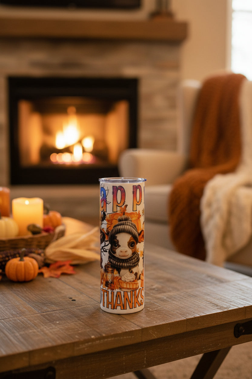 Happy HalloThanksMas 20 oz tumbler showing THANKS with cow wearing a beanie and scarf, with HAPPY around the top