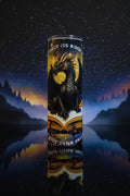 Dragon and Book Fantasy 20 oz skinny tumbler with black dragon perched on an open book in golden moonlight