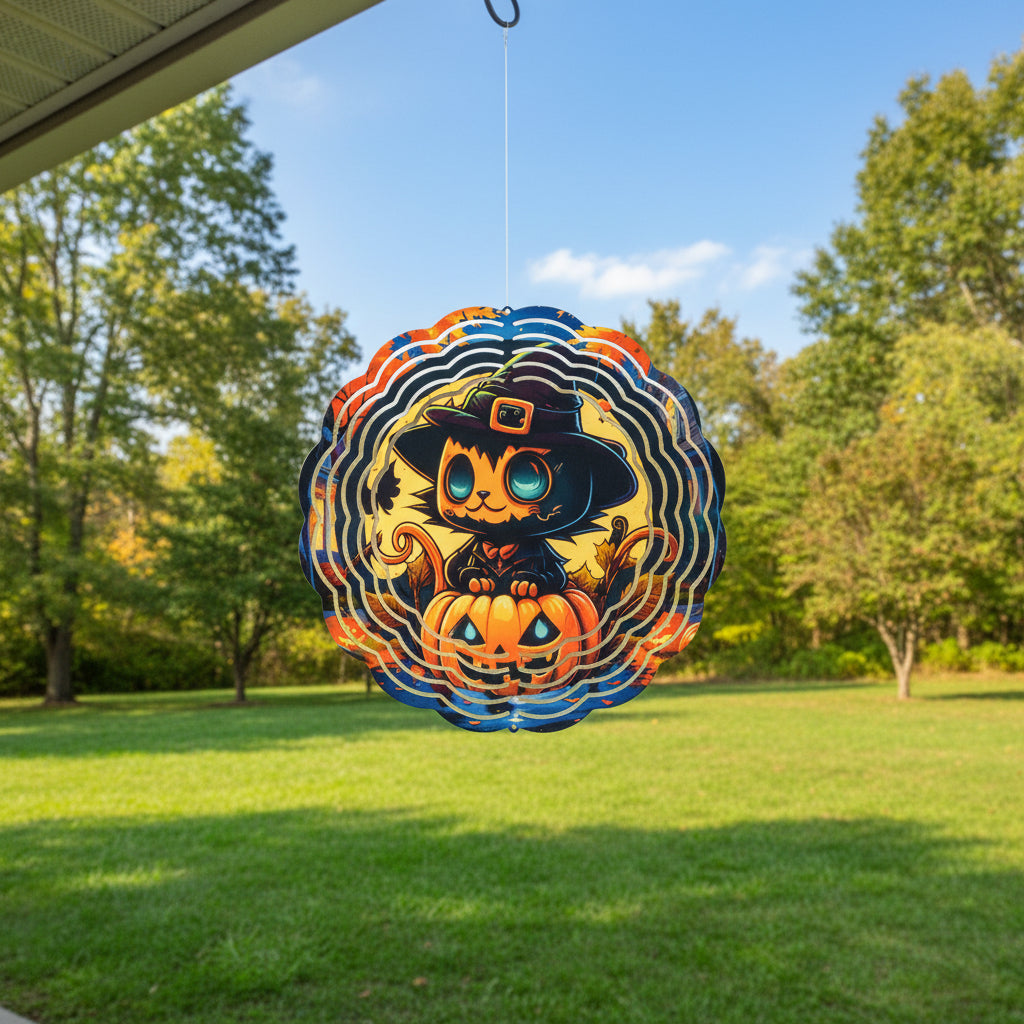 10" Halloween Witch Cat Wind Spinner