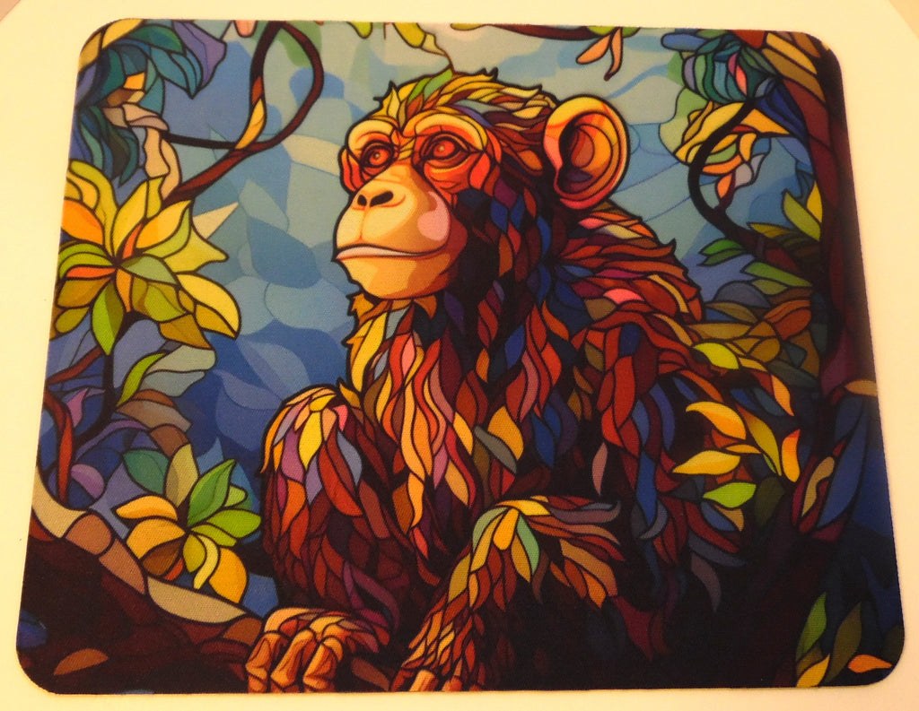 Stained glass chimpanzee mouse pad with vibrant jewel-toned jungle design in red amber blue and green