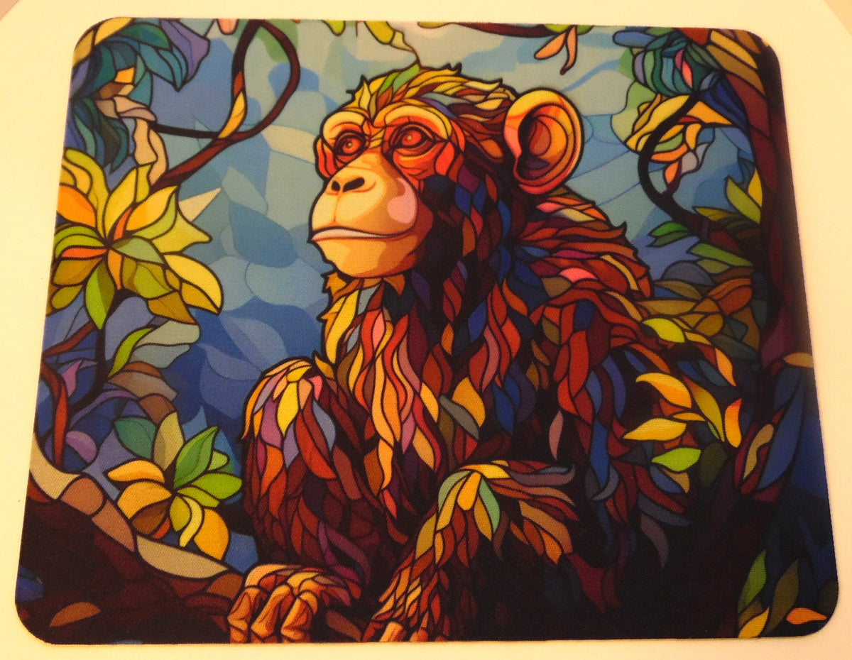 Stained glass chimpanzee mouse pad with vibrant jewel-toned jungle design in red amber blue and green