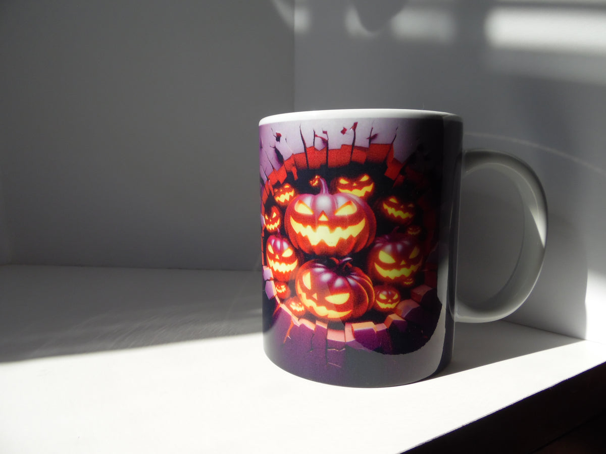 White ceramic mug with orange jack-o’-lantern artwork and a purple printed broken-wall border