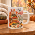 All Booked for Fall mug in an autumn reading setting