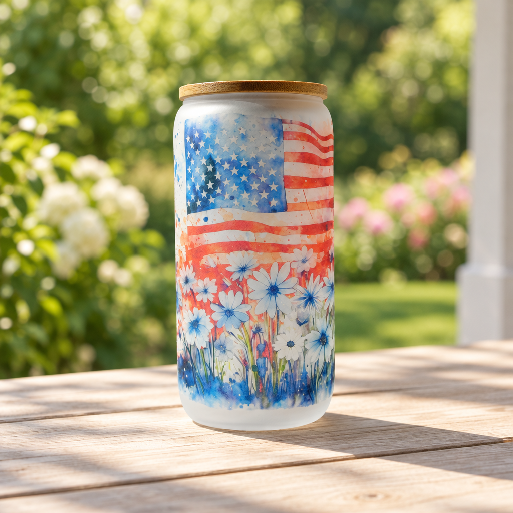 American flag and daisy cup on a sunny porch
