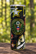 Army emblem tumbler in a woodland setting
