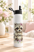 Baby raccoon water bottle in a soft floral setting
