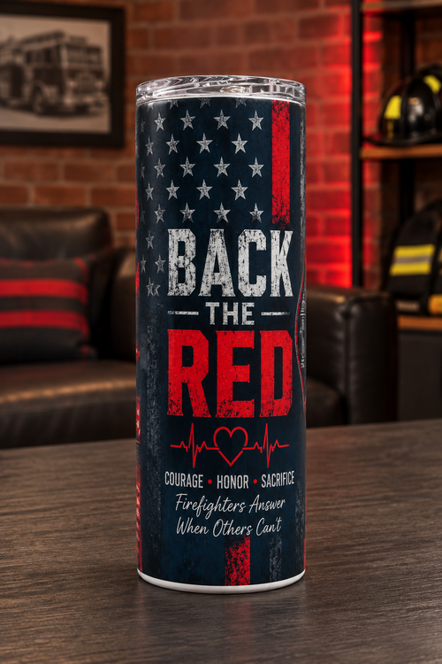 Back the Red firefighter tumbler in a firehouse-inspired setting
