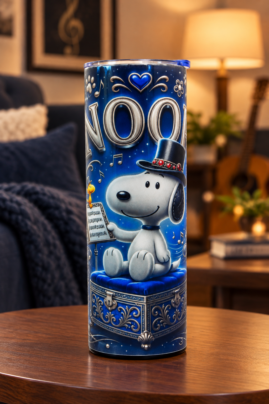 Beagle speaker tumbler in a cozy music-inspired setting