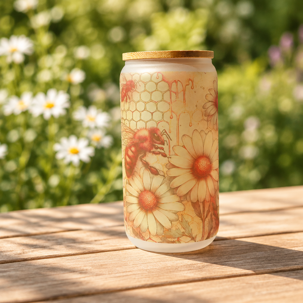 Bee and daisy glass cup in a garden setting
