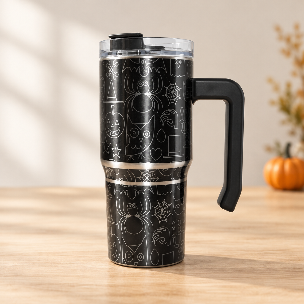 Black Halloween grippy cup in a seasonal tabletop setting