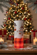 20 oz glow-in-the-dark Christmas tumbler with snowman, Christmas tree and red orange buffalo plaid design