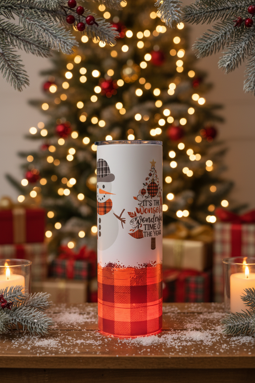 20 oz glow-in-the-dark Christmas tumbler with snowman, Christmas tree and red orange buffalo plaid design