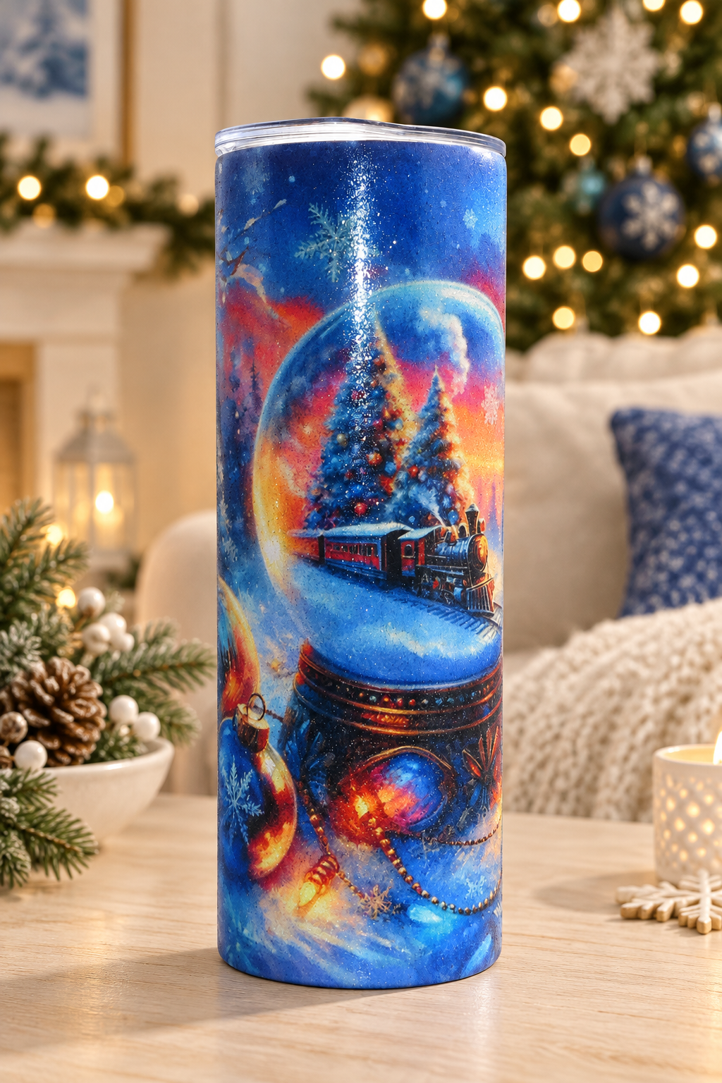 Christmas train snow-globe glitter tumbler in a cozy holiday setting