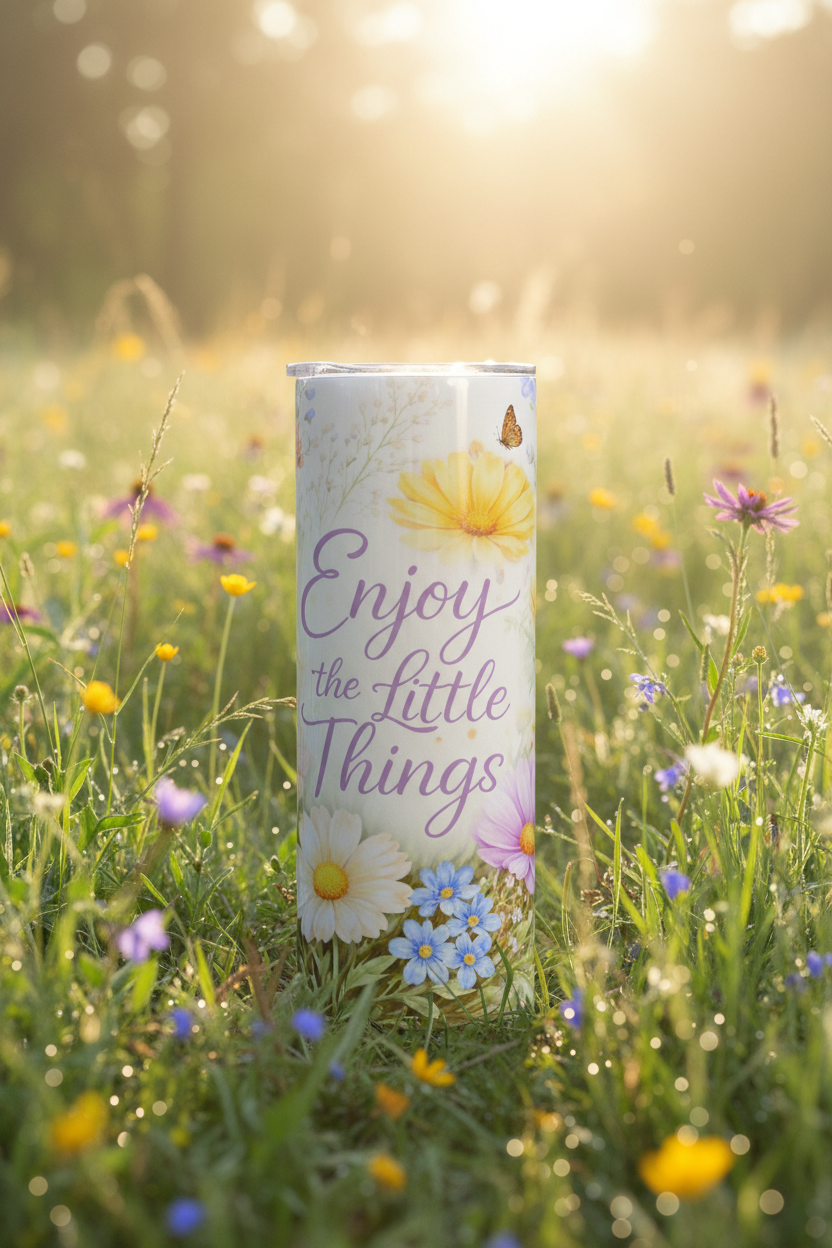 Enjoy the Little Things 20 oz skinny tumbler with lavender script, daisies, blue wildflowers and butterflies