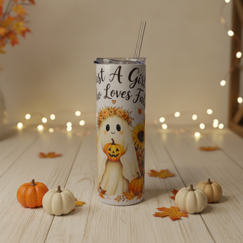 Fall tumbler in a playful autumn setting