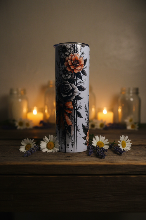 Acoustic Guitar & Sheet Music 20 oz skinny tumbler with ornate guitar, flowing sheet music, ink splatters and floral accents