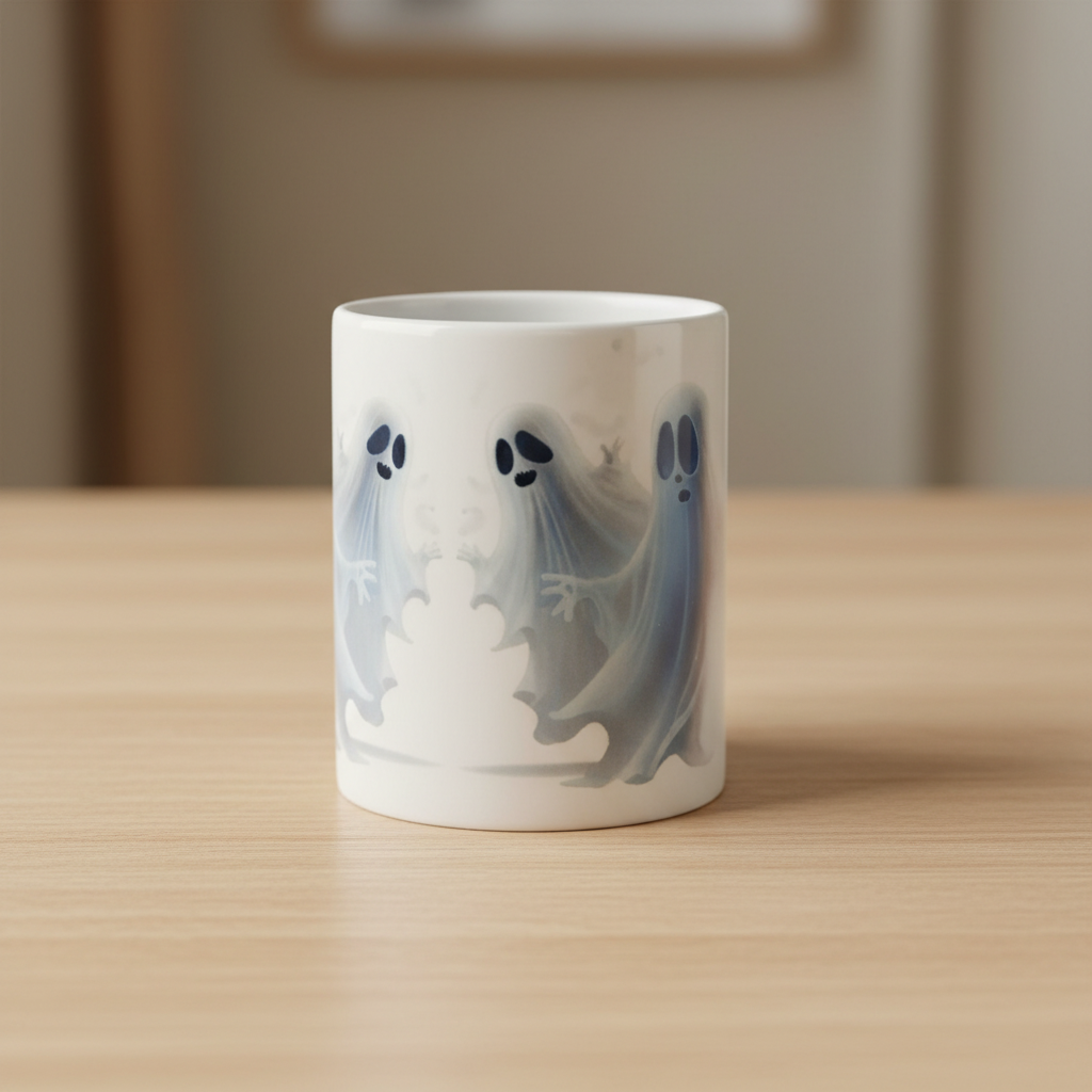 Front view of watercolor ghost mug