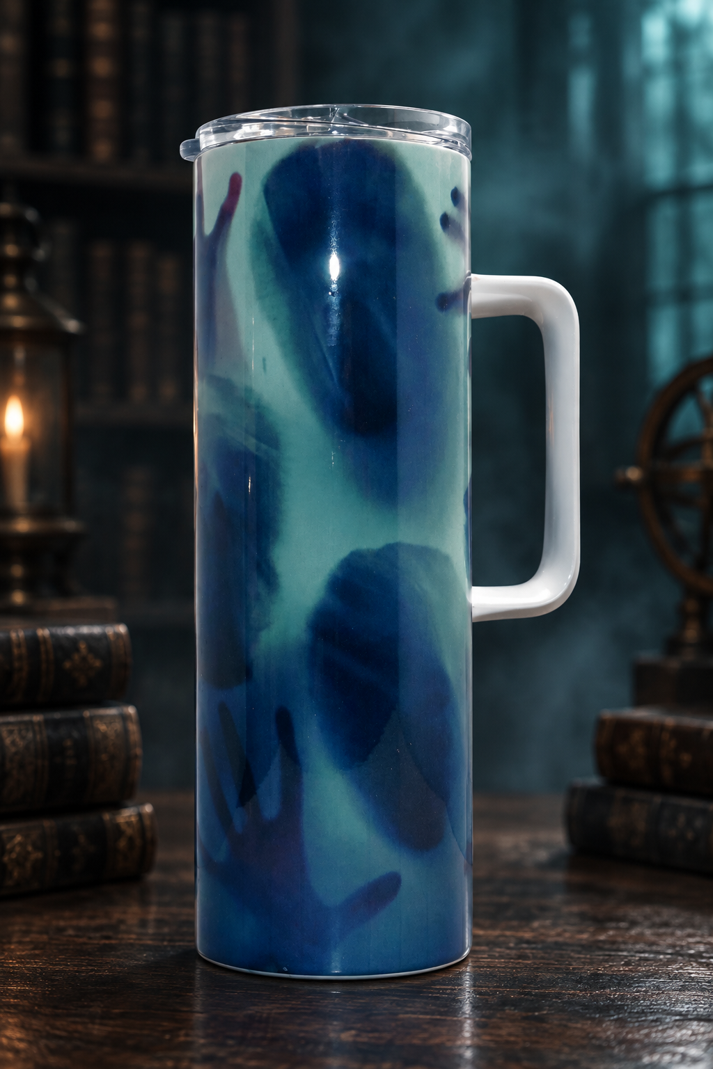 Ghostly handled tumbler in a moody library setting