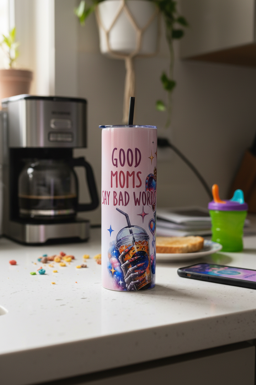 Good Moms Say Bad Words 20 oz tumbler showing skeleton hand holding iced coffee and printed quote