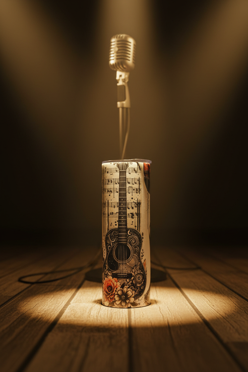 Acoustic Guitar & Sheet Music 20 oz skinny tumbler with ornate guitar, flowing sheet music, ink splatters and floral accents