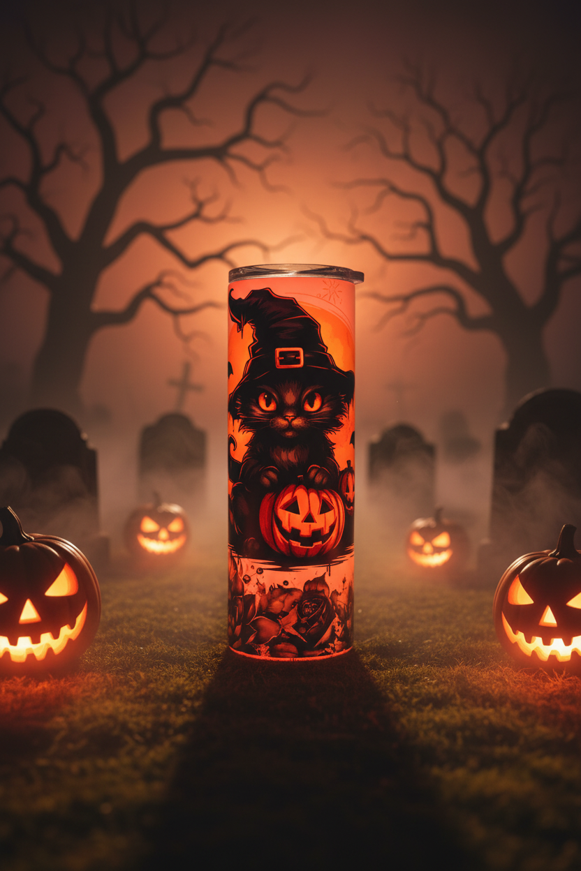 Halloween black cat witch 20 oz glow-in-the-dark tumbler with jack-o'-lantern and full moon design