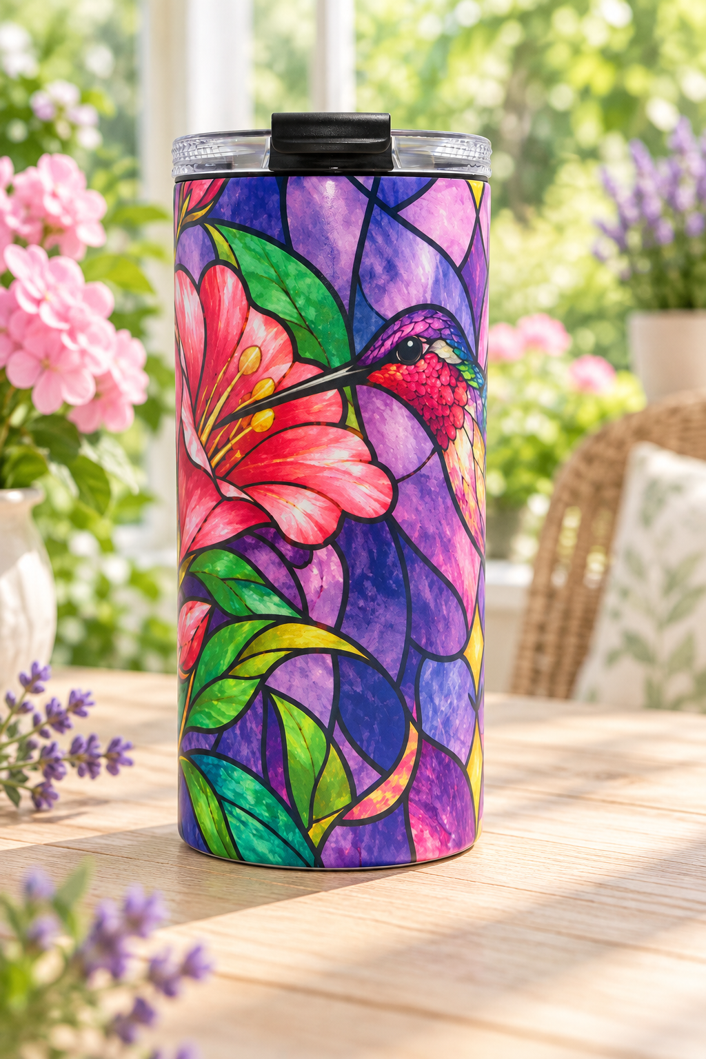 Hummingbird and flower 4-in-1 cup in a garden setting