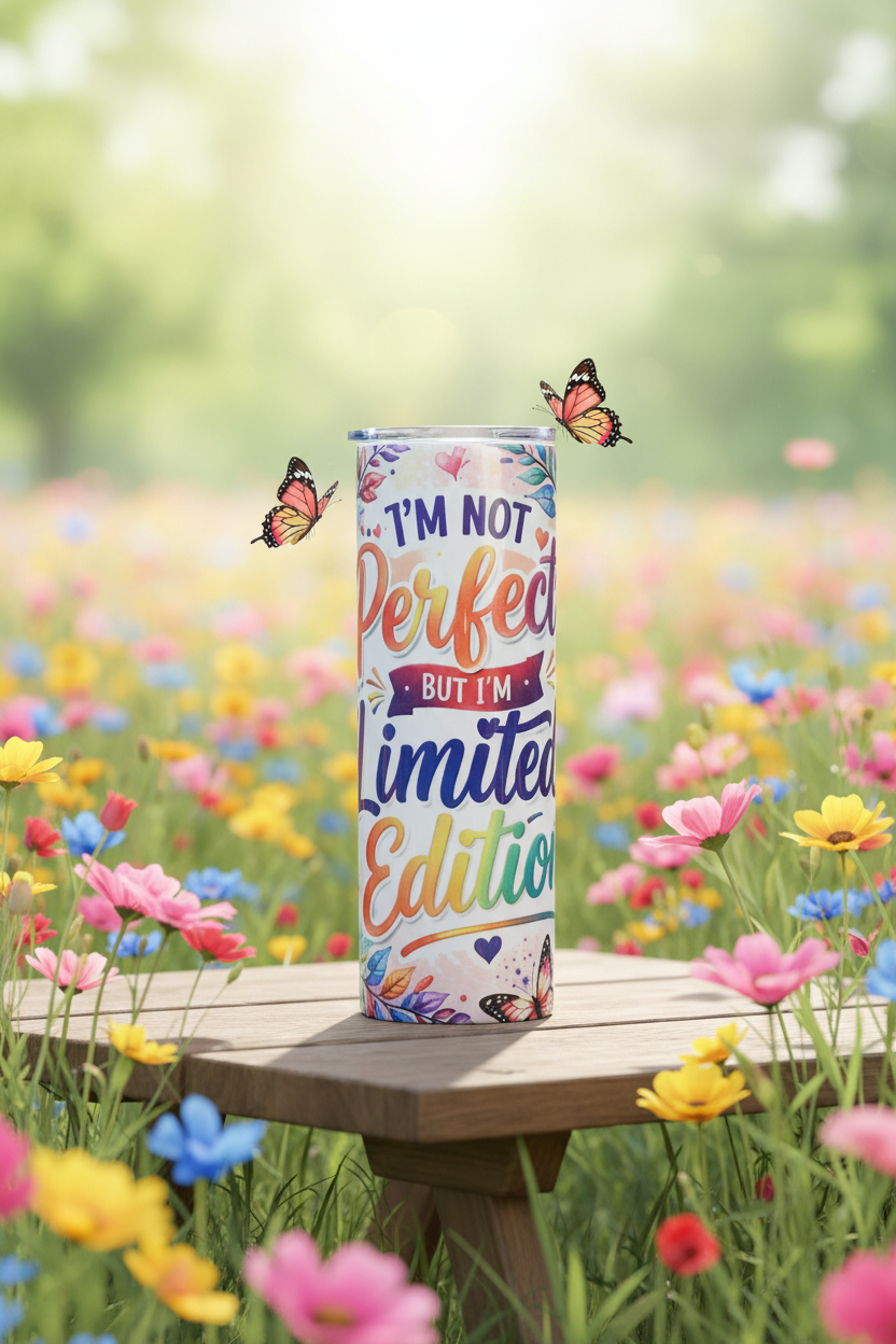 I'm Not Perfect But I'm Limited Edition 20 oz skinny tumbler with rainbow typography, colorful flowers and butterfly accents