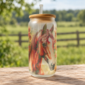 Watercolor horse frosted glass wine cup in a rustic equestrian setting