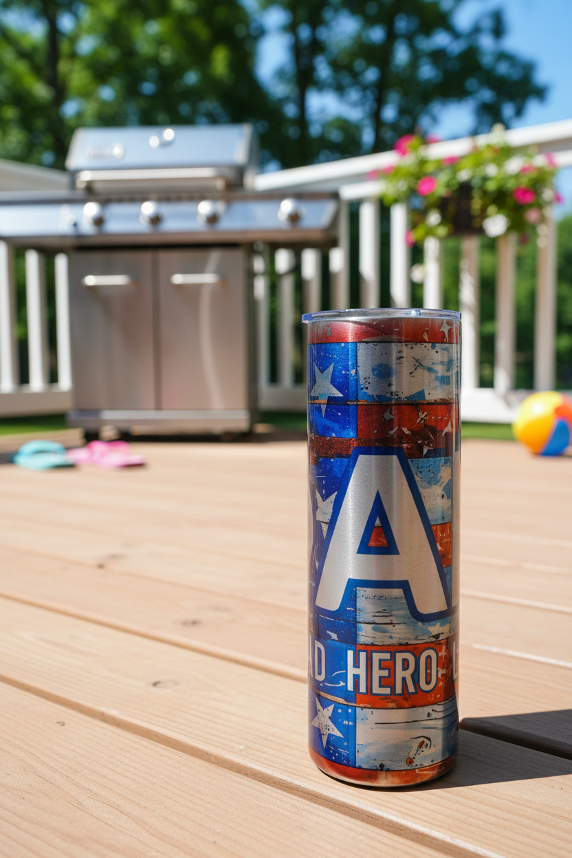 Superhero Dad Husband Legend 20 oz skinny tumbler with blue, red, and silver comic book-style graphics