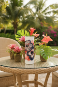 Leopard Hibiscus 20 oz skinny tumbler with navy, blush pink, and coral leopard-print hibiscus flowers on white background