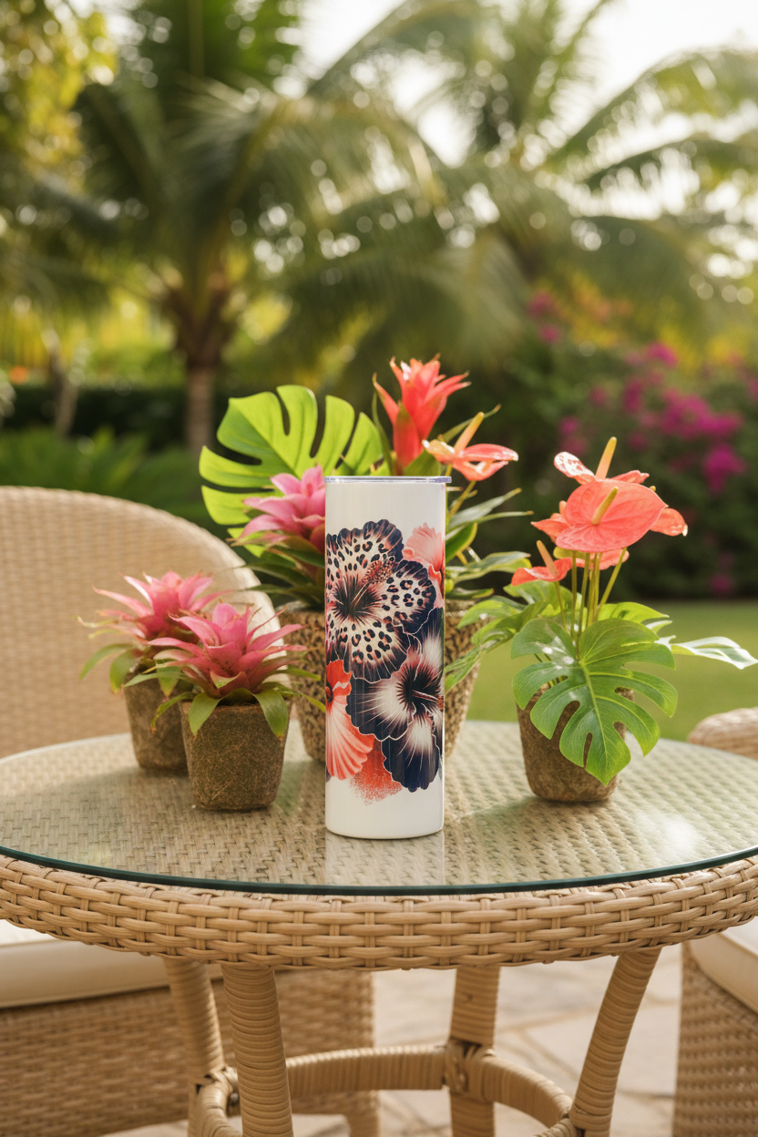 Leopard Hibiscus 20 oz skinny tumbler with navy, blush pink, and coral leopard-print hibiscus flowers on white background