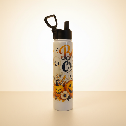 Full view of Boo Crew Halloween bottle showing ghost in a witch hat