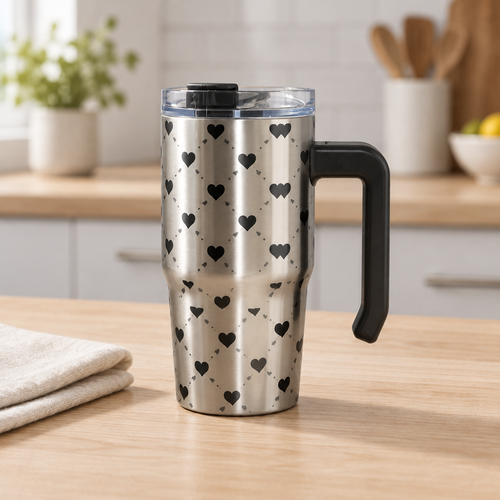 Black heart brushed silver grippy cup with black handle on a light wood tabletop