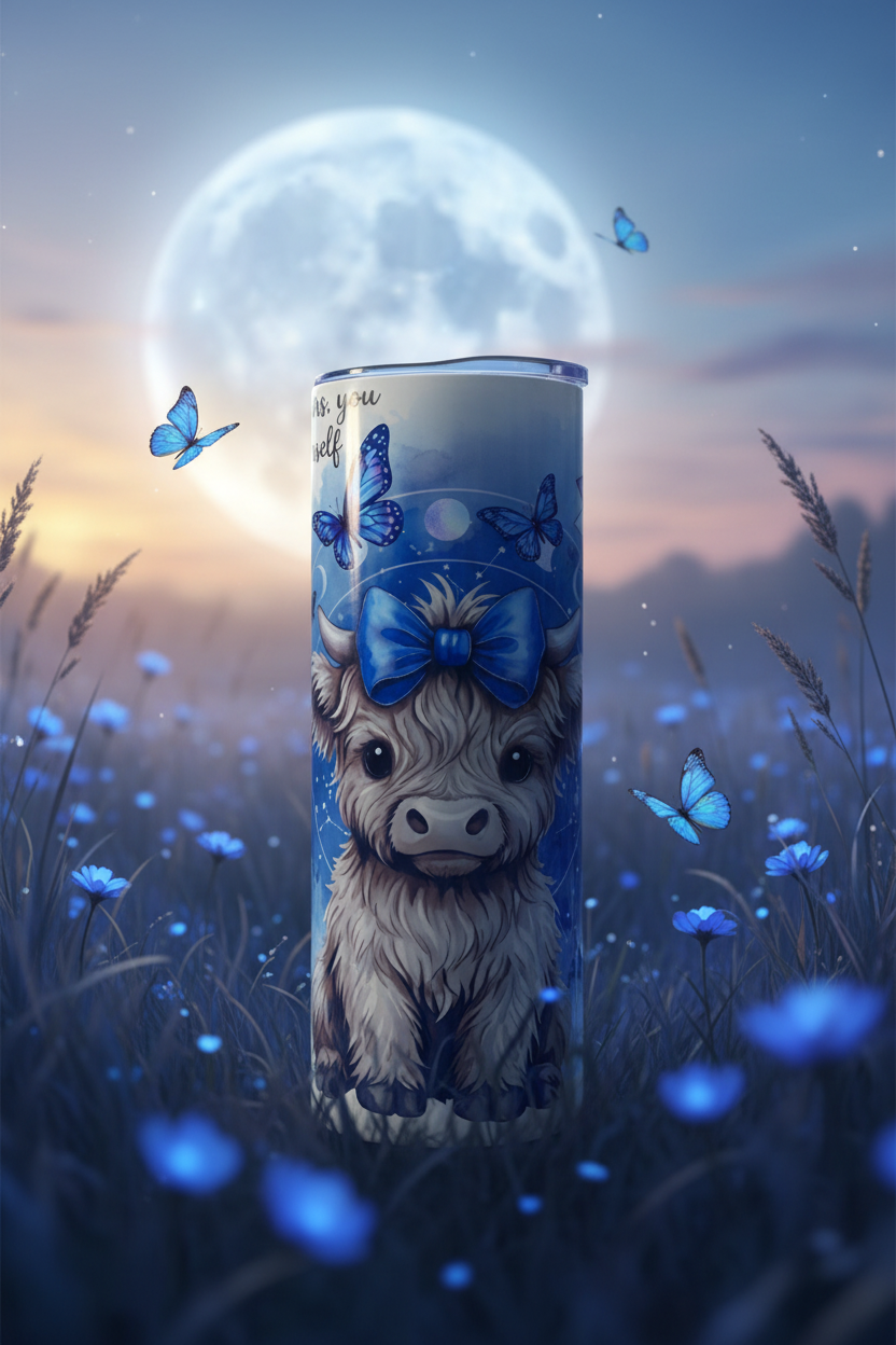 Like Wildflowers 20 oz skinny tumbler with blue watercolor Highland cow, blue bow, sunflowers, wildflowers and butterflies