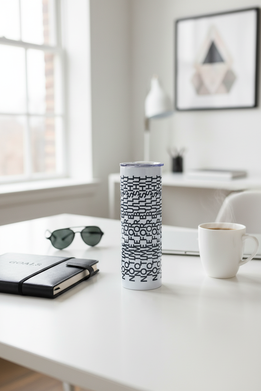 No Time for BS 20 oz skinny tumbler with bold black all-over typography on a white background