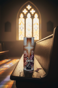 Be the Light Cross 20 oz skinny tumbler with radiant wooden cross, pink and purple dahlias and inspirational banner