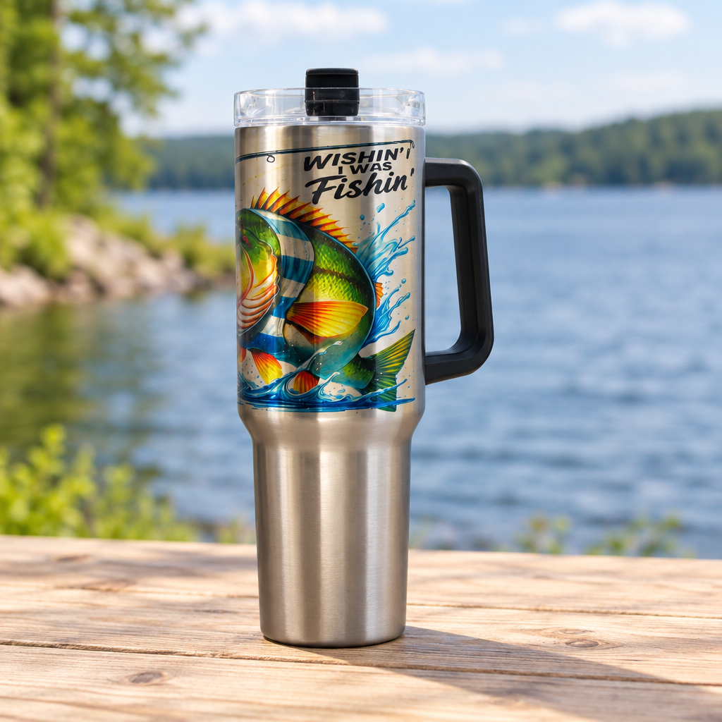 Fish body and Wishin’ I Was Fishin’ wording on the other side of the same tumbler in a lakeside setting
