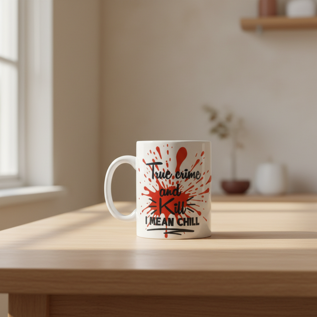 True-crime ceramic coffee mug displayed on a light wood table in a simple coffee nook