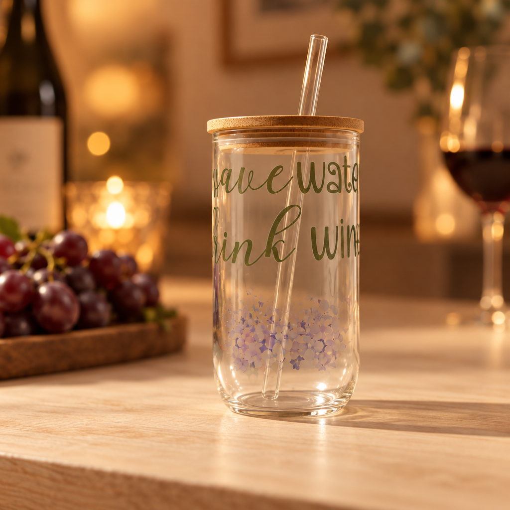Save Water Drink Wine glass cup second view in a cozy wine-night setting
