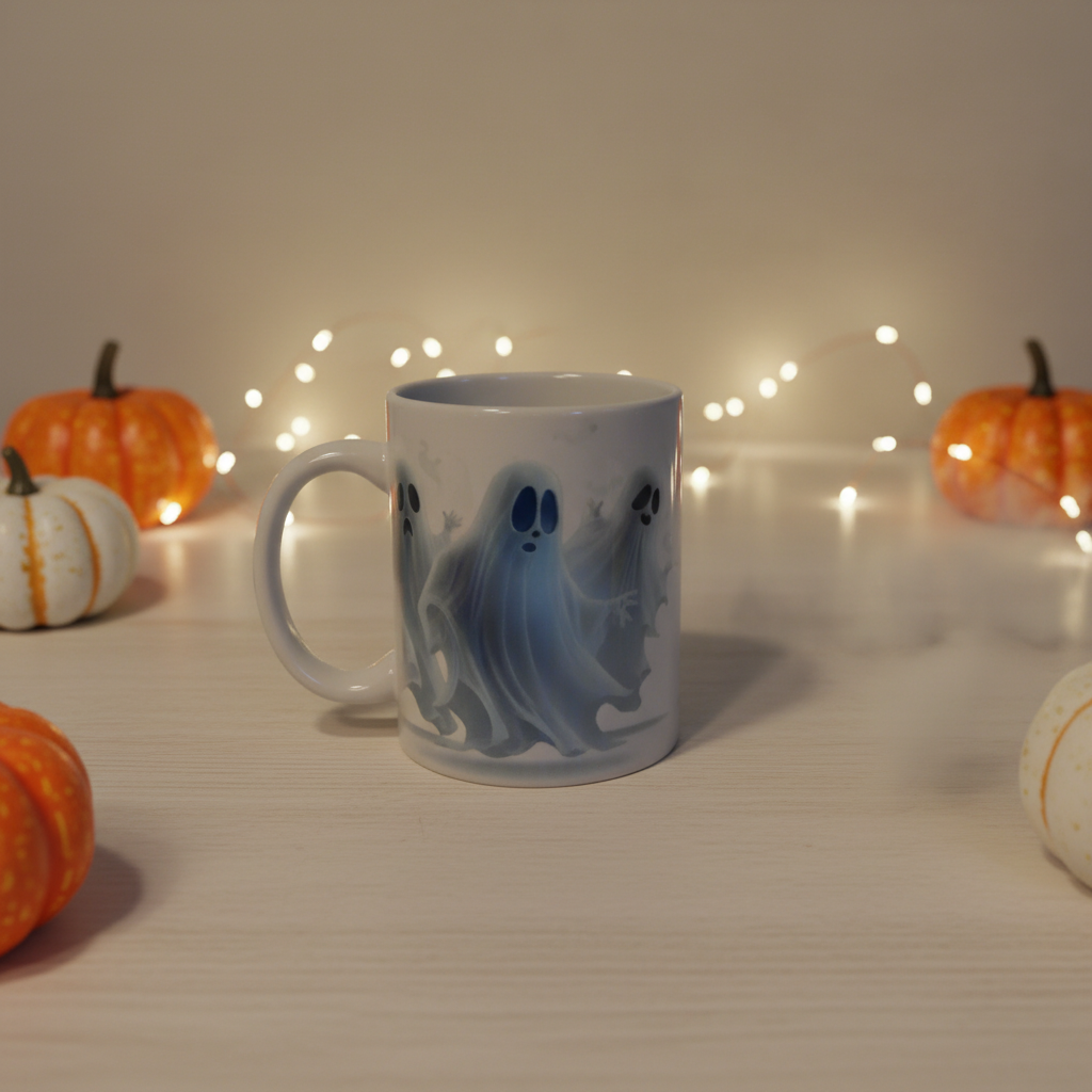 Watercolor ghost mug in a playful Halloween setting with pumpkins and warm lights