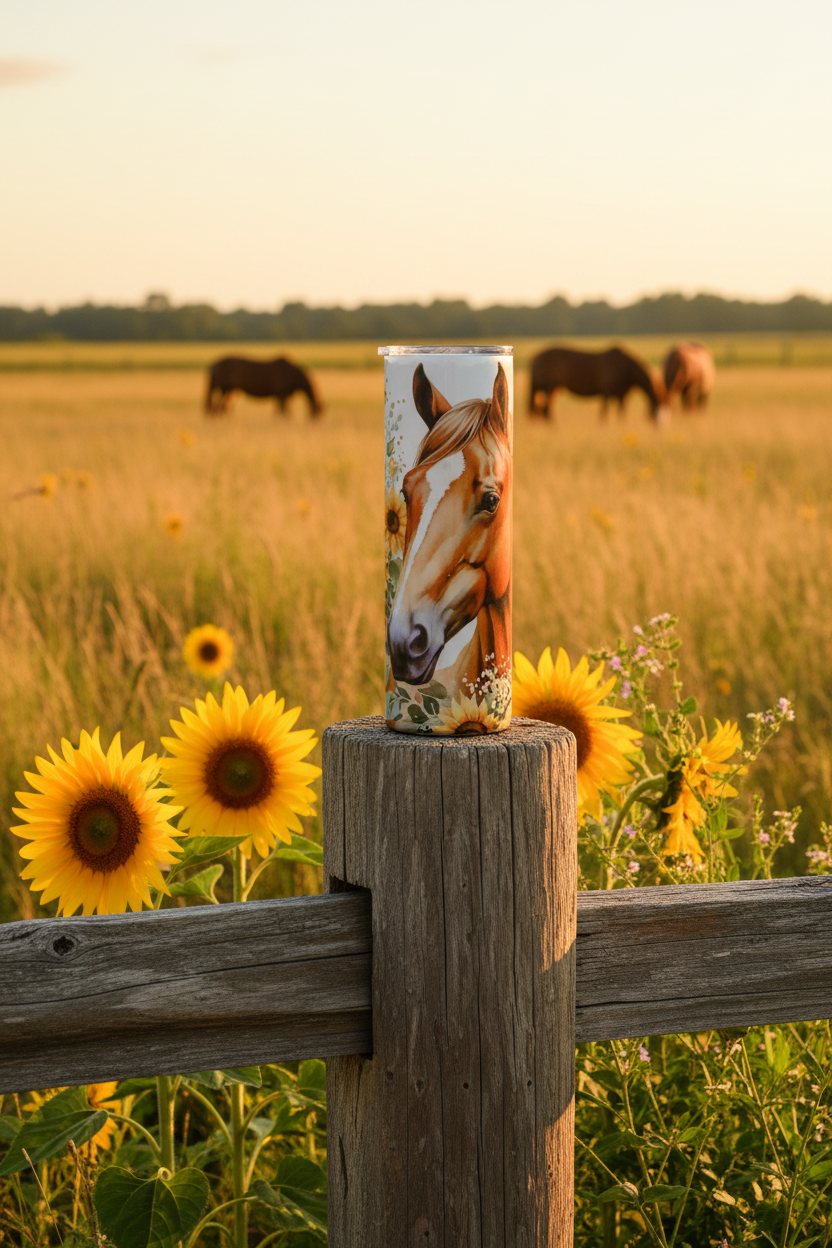 Sunflower Horse 20 oz skinny tumbler with watercolor chestnut horse, golden sunflowers and pink roses