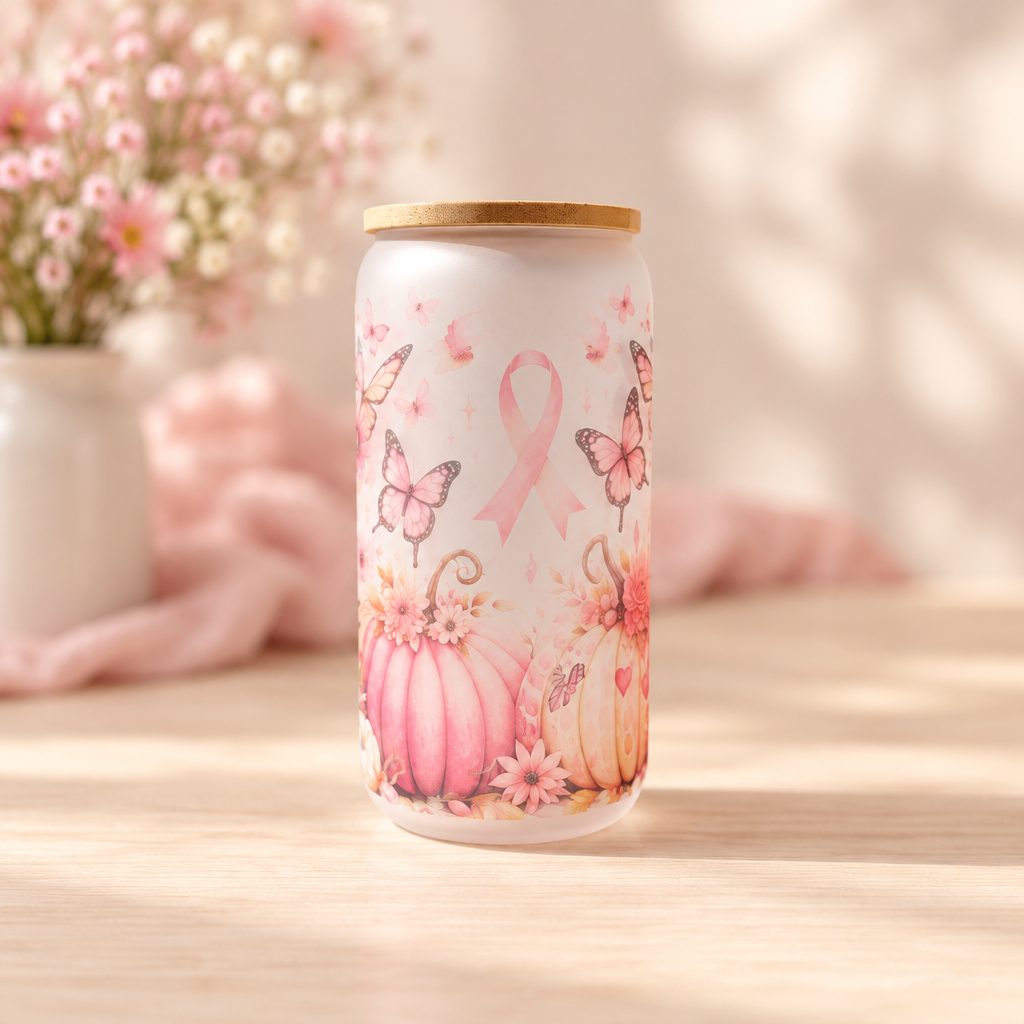 Pink ribbon butterfly and pumpkin glass cup in a soft blush setting
