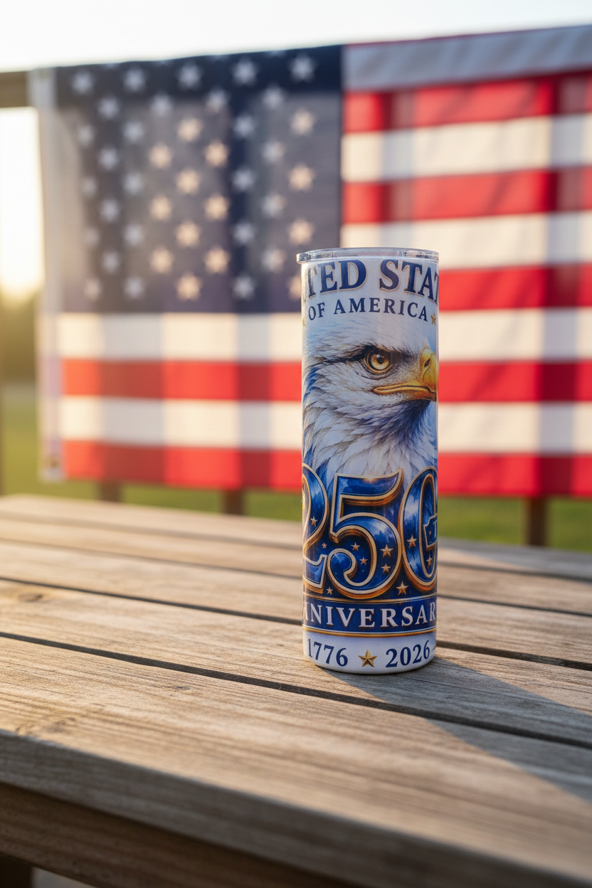 USA 250th Anniversary Bald Eagle 20 oz skinny tumbler with soaring bald eagle, gold stars and 1776–2026 commemorative banner