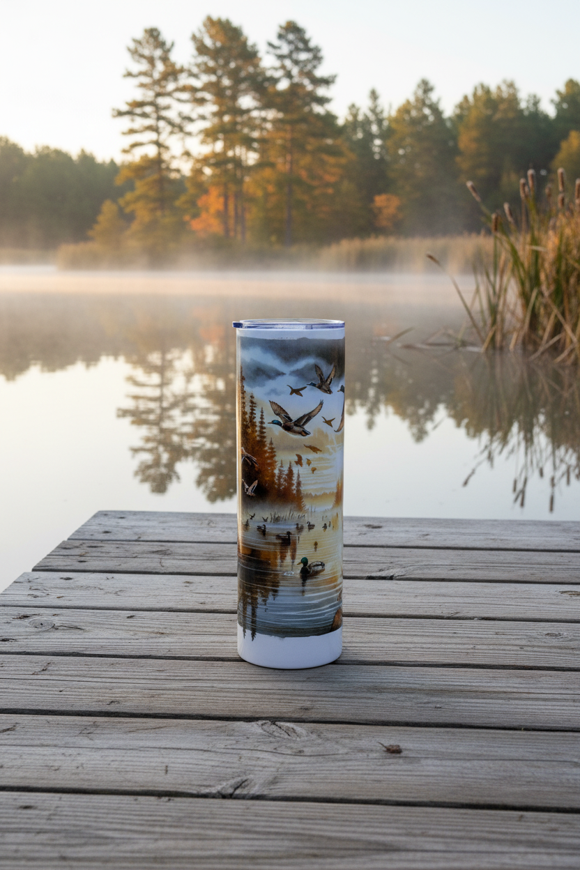 Mallard Duck Hunting 20 oz skinny tumbler with mallards in flight over a misty autumn lake at golden hour