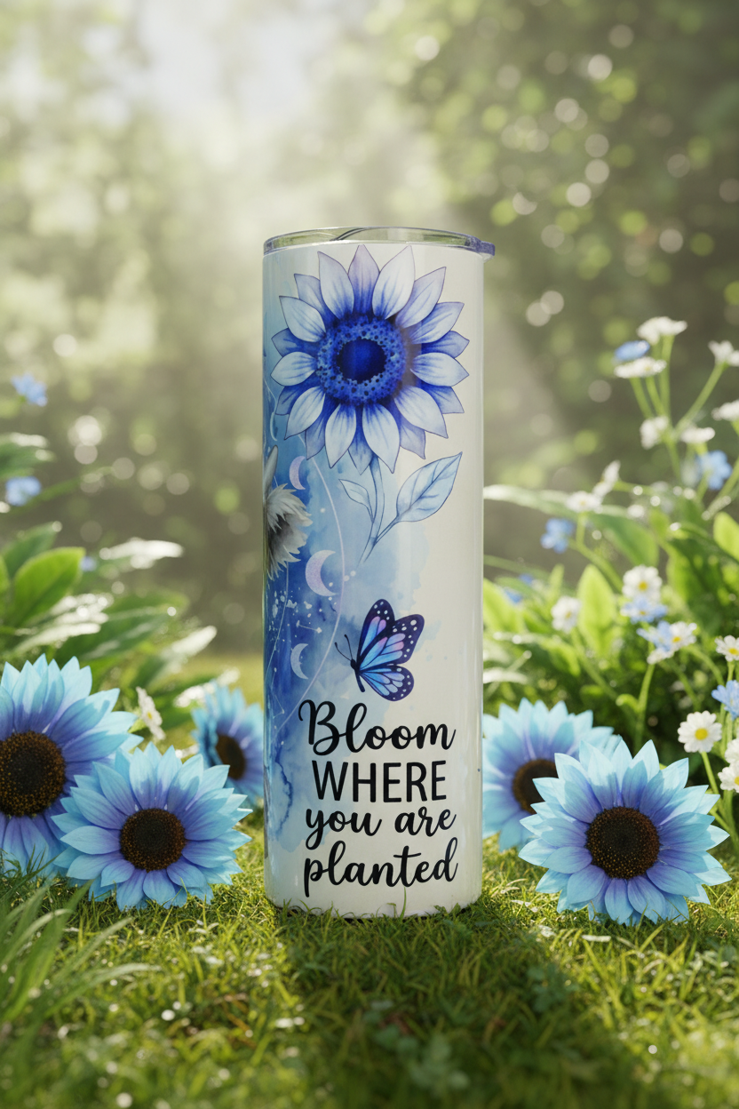 Like Wildflowers 20 oz skinny tumbler with blue watercolor Highland cow, blue bow, sunflowers, wildflowers and butterflies