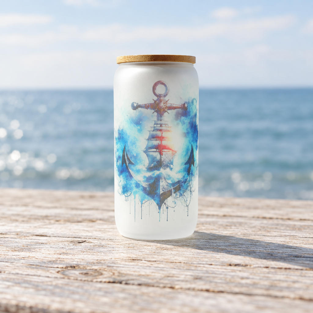 Anchor and sailing ship frosted glass cup in a coastal setting