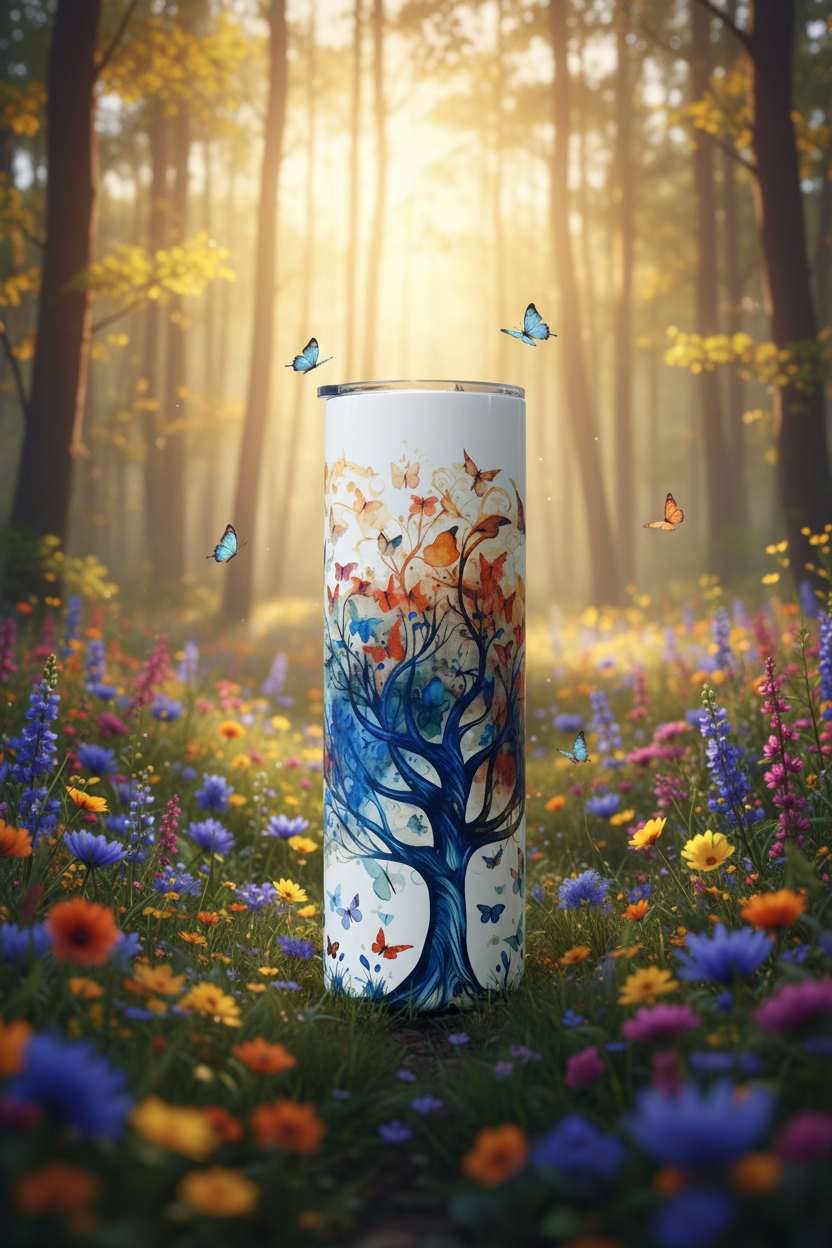 Tree of Life Butterfly 20 oz skinny tumbler with cobalt blue tree and orange, red, and blue butterflies on a soft white background