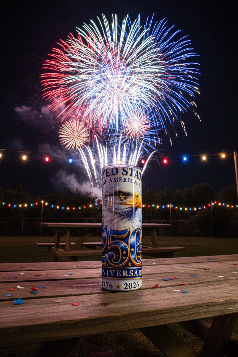USA 250th Anniversary Bald Eagle 20 oz skinny tumbler with soaring bald eagle, gold stars and 1776–2026 commemorative banner